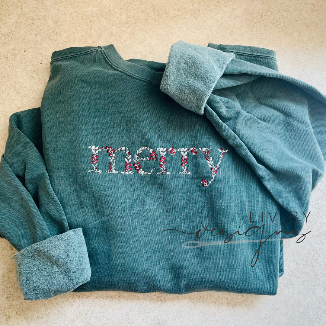 Merry Embroidered Crewneck | Christmas Comfort Color Crew | Simplistic Embroidered Merry Christmas