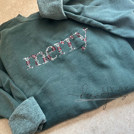 MERRY Embroidered Crewneck | Cozy Christmas Sweatshirt | Minimalist Embroidery Gift | Custom Cozy Apparel