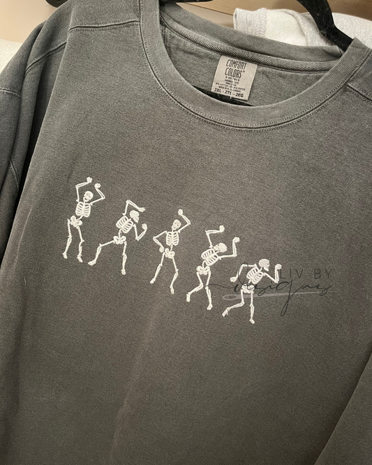 Dancing Skeleton Halloween Comfort Color Embroidered Crewneck
