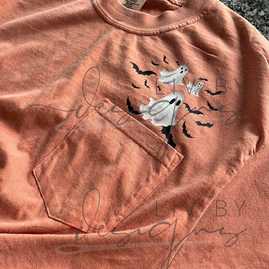 Ghost & Bats Pocket Tee or Long Sleeve | Halloween Comfort Colors Shirt