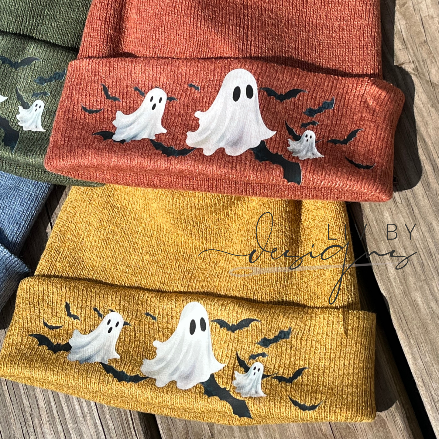 Playful ghosts and bats Beanie | Enza Fall Beanie | Fall Headwear Ghosts and bats