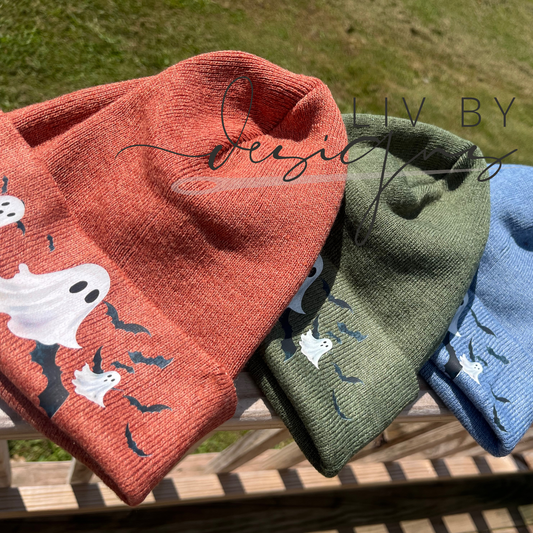 Playful ghosts and bats Beanie | Enza Fall Beanie | Fall Headwear Ghosts and bats
