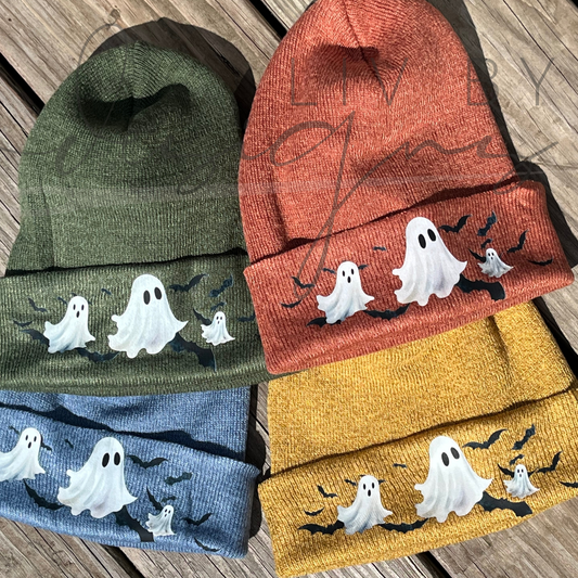 Playful ghosts and bats Beanie | Enza Fall Beanie | Fall Headwear Ghosts and bats