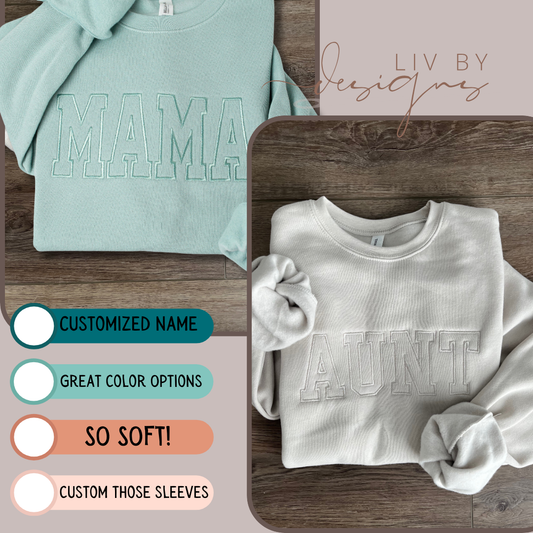 Custom Embroidered Name Crewneck for family | Customized name crew for Mother’s Day | MAMA pullover with customized sleeves | Mother’s Day Gift
