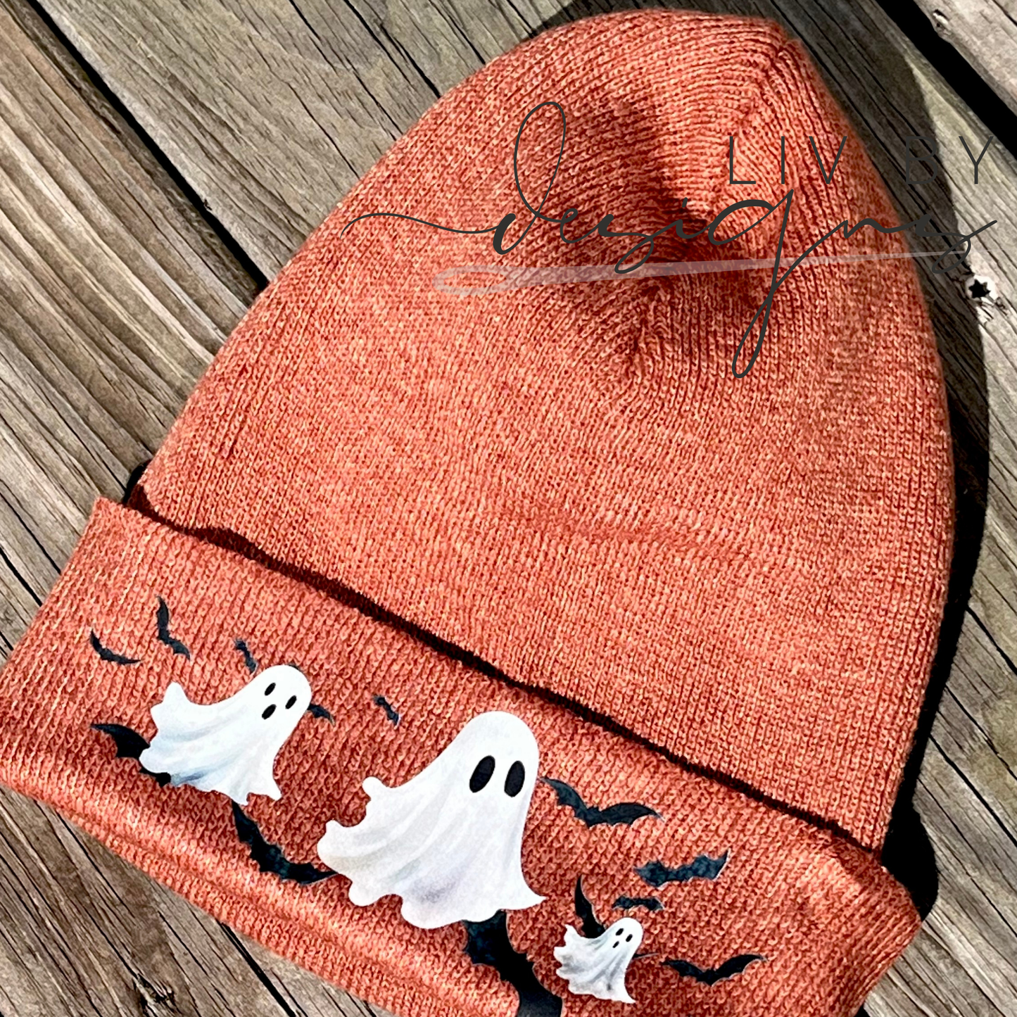 Playful ghosts and bats Beanie | Enza Fall Beanie | Fall Headwear Ghosts and bats