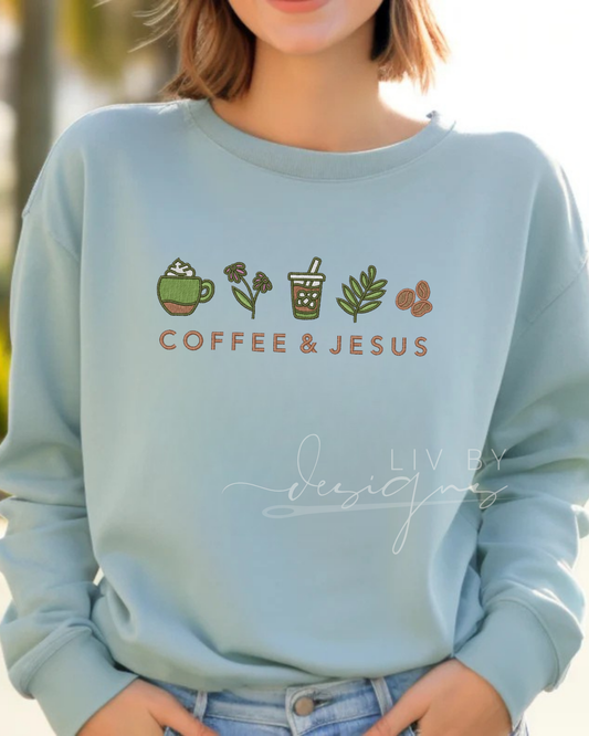 Coffee and Jesus Embroidered Bella and Canvas Crewneck