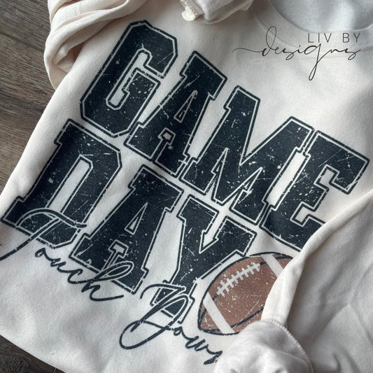 Gildan crewneck sweatshirt with sublimated Game Day football design