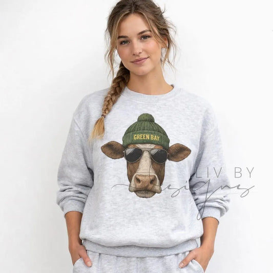Cow Crew with beanie and shades | Everyday crew for fall | Gift for football lover | Football Spirit Animal Crew, Game Day Pullover