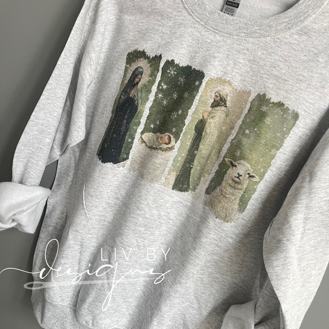 Vintage Christian Nativity Scene Dye Sublimated Crewneck - Retro designed Christmas Christian Pullover