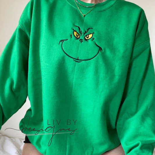 Embroidered Grinch Face Gildan Crewneck for the Holidays | Grinch Holiday Sweater