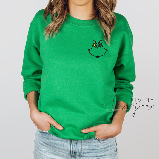 Embroidered Grinch Face Gildan Crewneck for the Holidays | Grinch Holiday Sweater