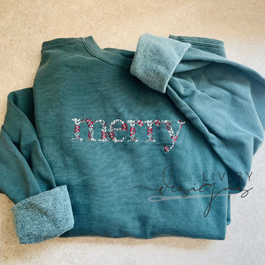 Merry Embroidered Crewneck | Christmas Comfort Color Crew | Simplistic Embroidered Merry Christmas