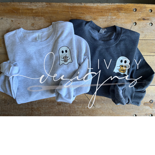 Cozy Ghost & Coffee Crewneck - "Hocus Pocus I Need Coffee to Focus" | Halloween Coffee Lover's Sweater