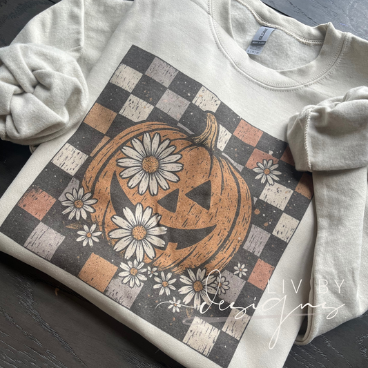 Fall Pumpkin Daisy Sweatshirt | Vintage Sublimation Halloween Crewneck | Gildan Cozy Autumn Pullover | Jack O Lantern Checkerboard Sweater