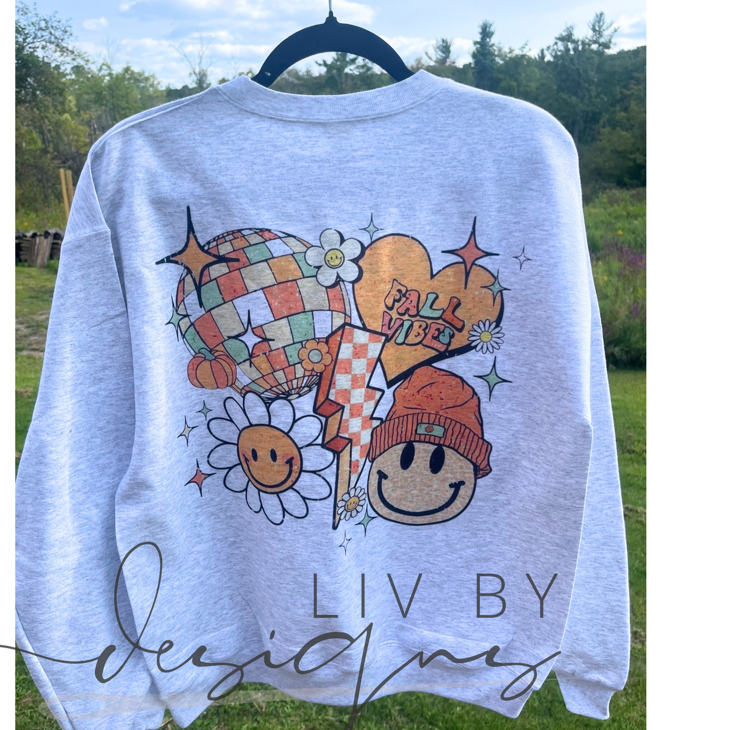 Fall Vibes Retro Smiley Crewneck | Hanes EcoSmart | Cozy Dye Sublimated Autumn Sweater