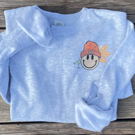 Fall Vibes Retro Smiley Crewneck | Hanes EcoSmart | Cozy Dye Sublimated Autumn Sweater