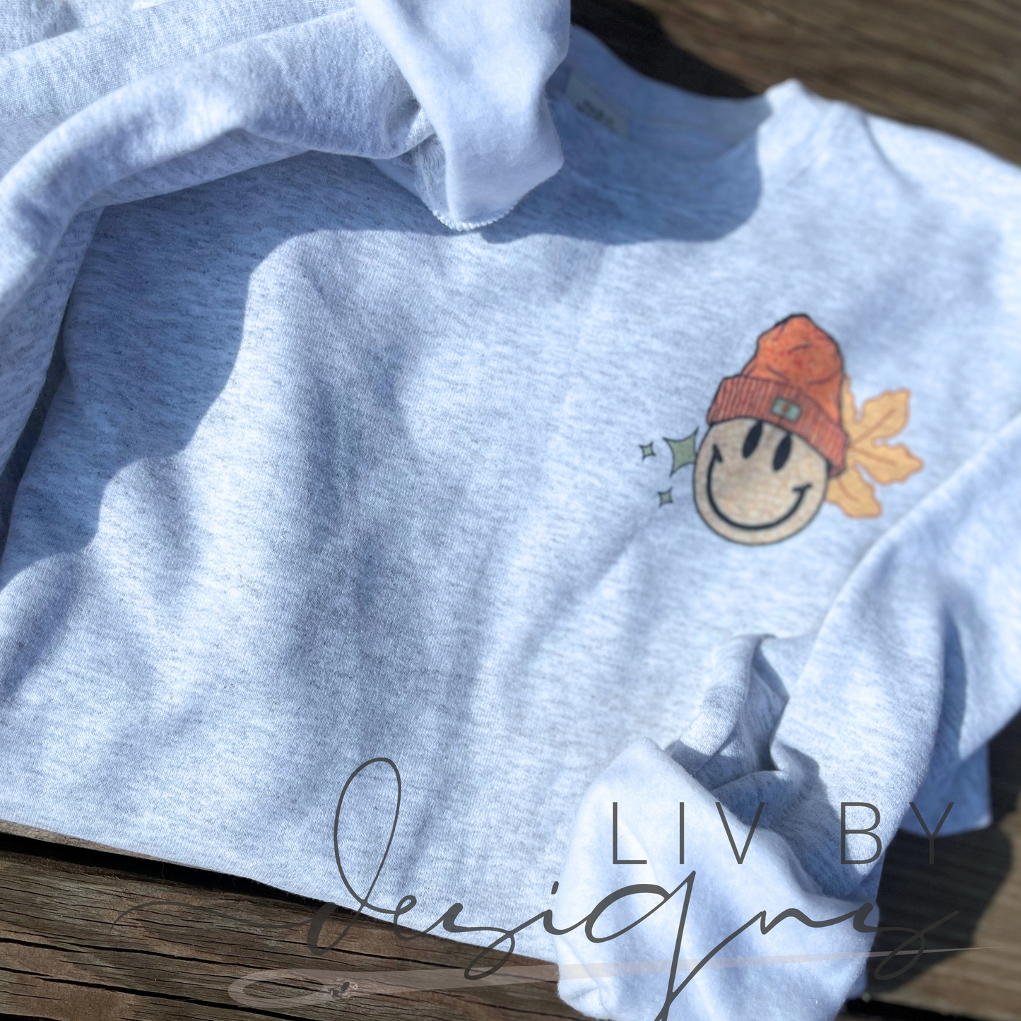 Fall Vibes Retro Smiley Crewneck | Hanes EcoSmart | Cozy Dye Sublimated Autumn Sweater