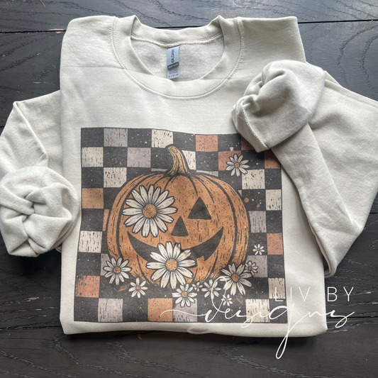 Fall Pumpkin Daisy Sweatshirt | Vintage Sublimation Halloween Crewneck | Gildan Cozy Autumn Pullover | Jack O Lantern Checkerboard Sweater