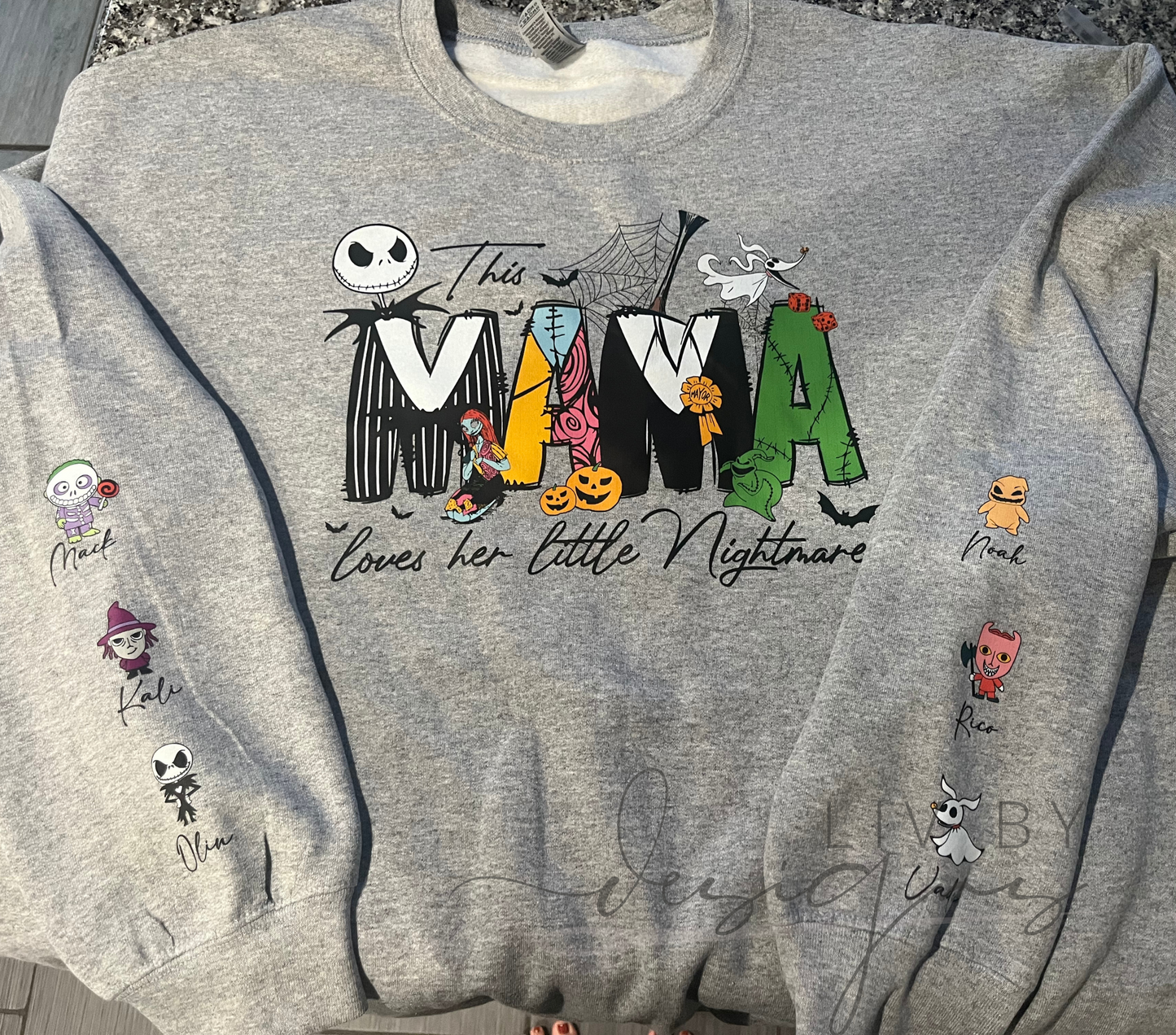 Sport Grey crewneck sweatshirt with DTF Image of MAMA loves her little nightmares and custom names on the sleeves