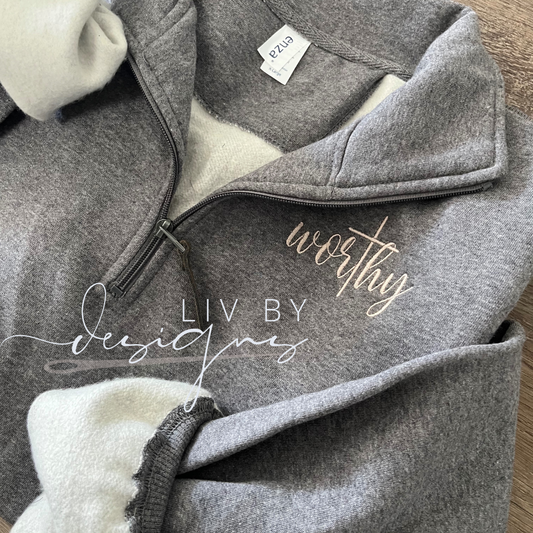 Embroidered “Worthy” Christian apparel | Pocket Chest Logo Embroidered Faith Based apparel | “Worthy” Enza Quarter Zip | Easter attire