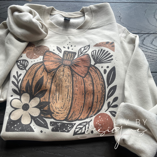 Fall Pumpkin and Bow Crewneck | Gildan Heavyweight Sweatshirt | Sublimated Autumn Shirt | Cozy Fall Casual Wear | Pumpkin Bow Floral Sweater