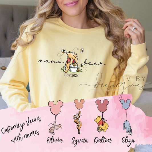 Winnie the Pooh Mama Bear - Comfort Color Crewneck with Customized sleeves | Durable DTF pullover | Mother's Day gift for her | New Mom Crew