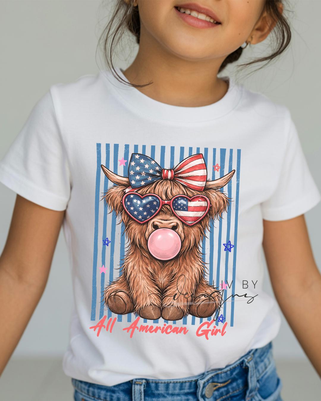 All American Girl Highland Cow Kids Shirt | Patriotic Fourth of July Toddler Tee | Cute Americana Cow Shirt __etsy:8112654930