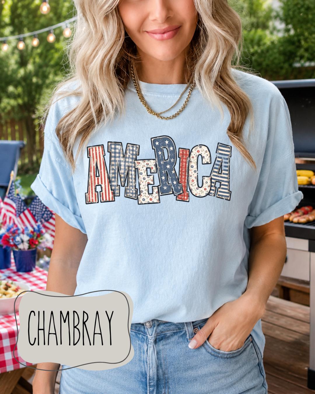 America Patriotic Patchwork Tee | Comfort Colors 1717 | Fourth of July Shirt | Retro USA Graphic Tee __etsy:8160695881
