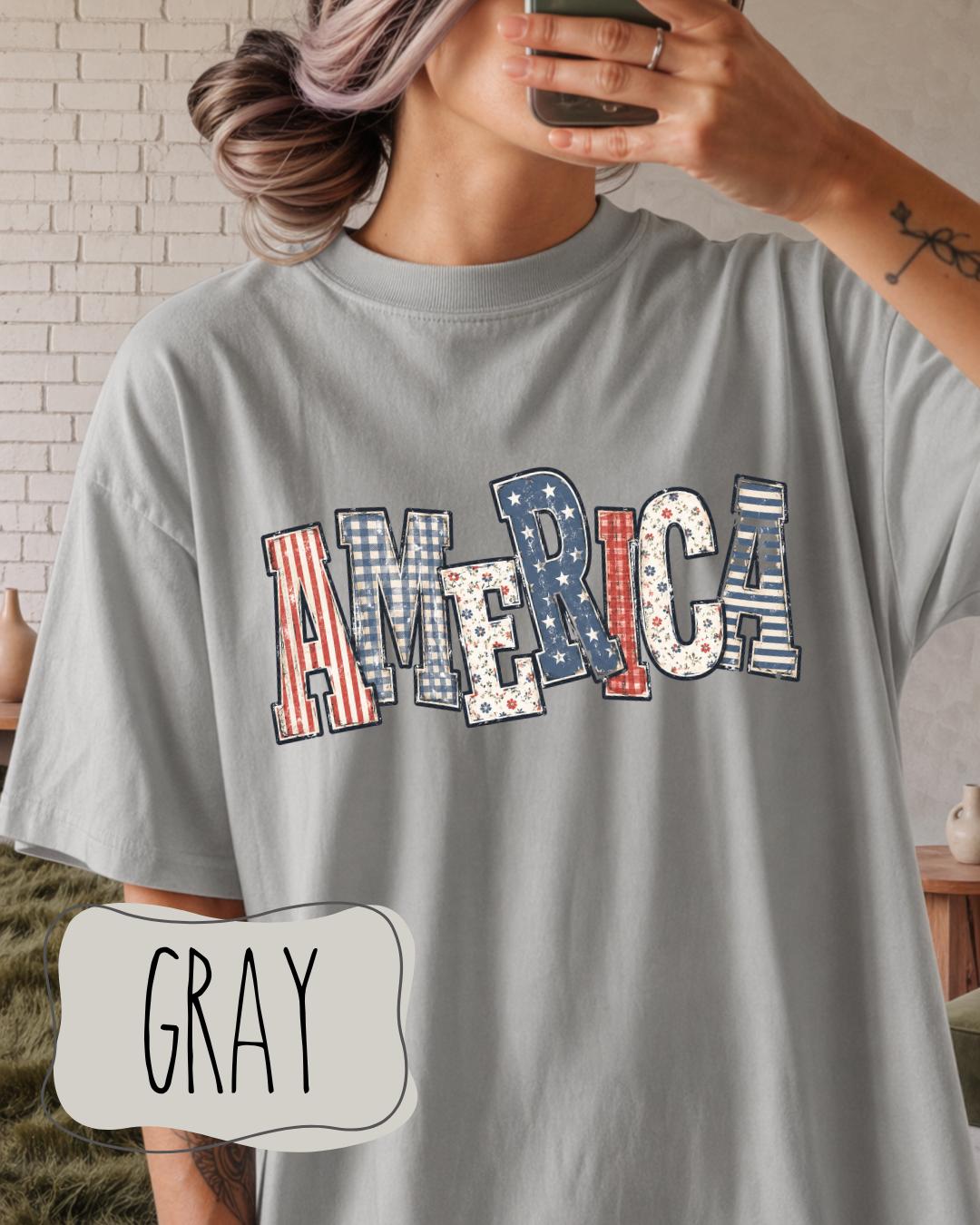 America Patriotic Patchwork Tee | Comfort Colors 1717 | Fourth of July Shirt | Retro USA Graphic Tee __etsy:8112787026