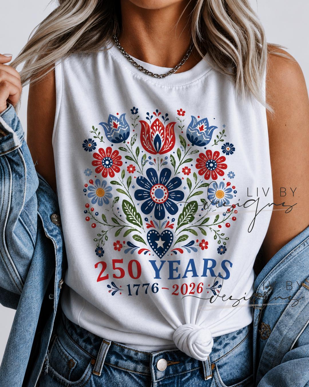 America 250 Years Graphic Shirt | Patriotic Floral Folk Art Tank Top |  Comfort Color Tank __etsy:8093559453