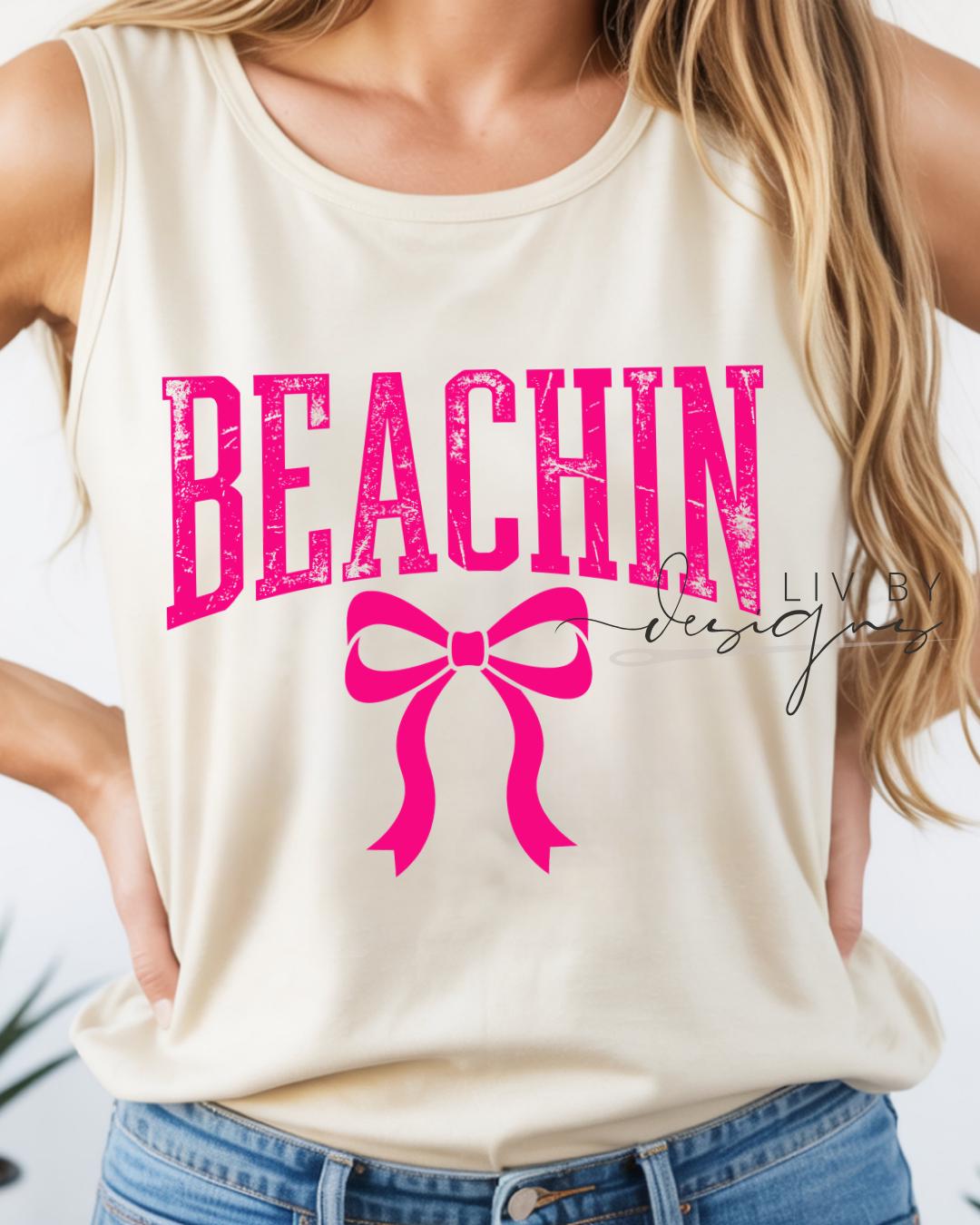 Beachin Bow Muscle Tank | Hot Pink Beach Tank Top | Cute Summer Beach Shirt | Coastal Vacation Tank | Trendy Girly Beach Outfit __etsy:8045705294