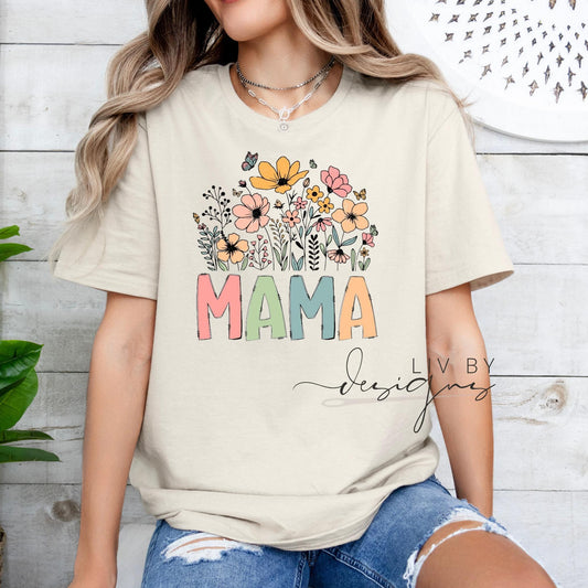 Comfort Colors MAMA t-shirt with pastel floral DTF print on neutral background
