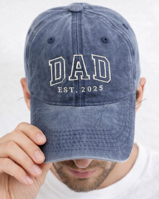 Detailed image of embroidered DAD Est date adjustable Adams Ball Cap for dads of any age
