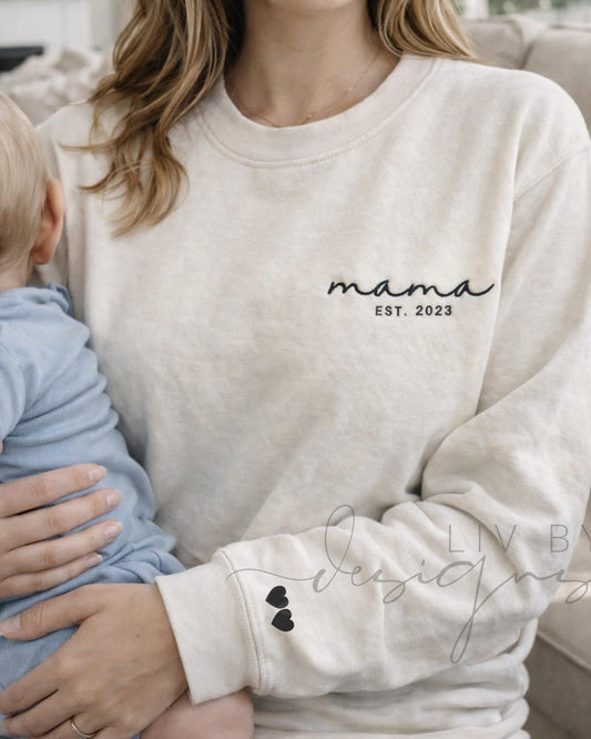 Custom Embroidered Mama & Dad Sweatshirt, Personalized Matching Crewnecks With Names On Sleeve, Baby Shower Gift, New Parents Gift