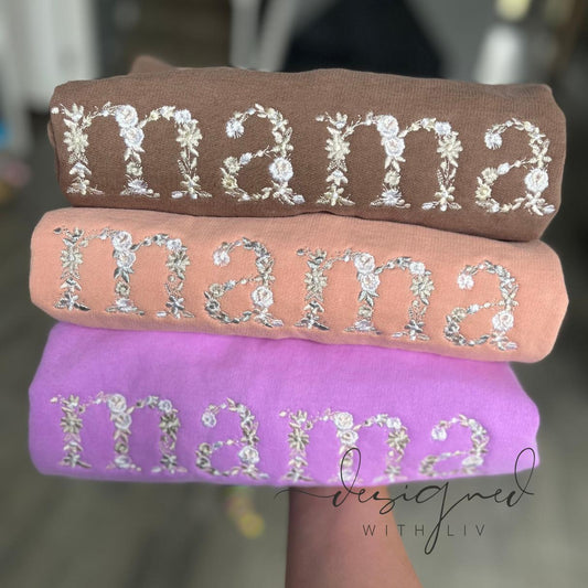 Customized Comfort Colors Lightweight Crewneck – Embroidered Floral “Mama” – Pastel Cozy Spring Pullover, Customizable Mother's Day gift