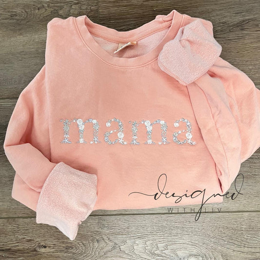 Customized Comfort Colors Lightweight Crewneck – Embroidered Floral “Mama” – Pastel Cozy Spring Pullover, Customizable Mother's Day gift