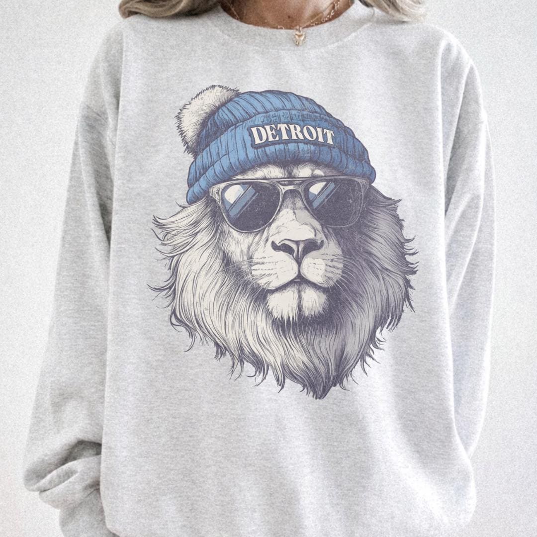 Detroit Football Spirit Animal Crew | Gildan Ash Gray Unisex | Sublimated Lion Graphic | Detroit MI Sports Fan Sweatshirt | Vintage game day