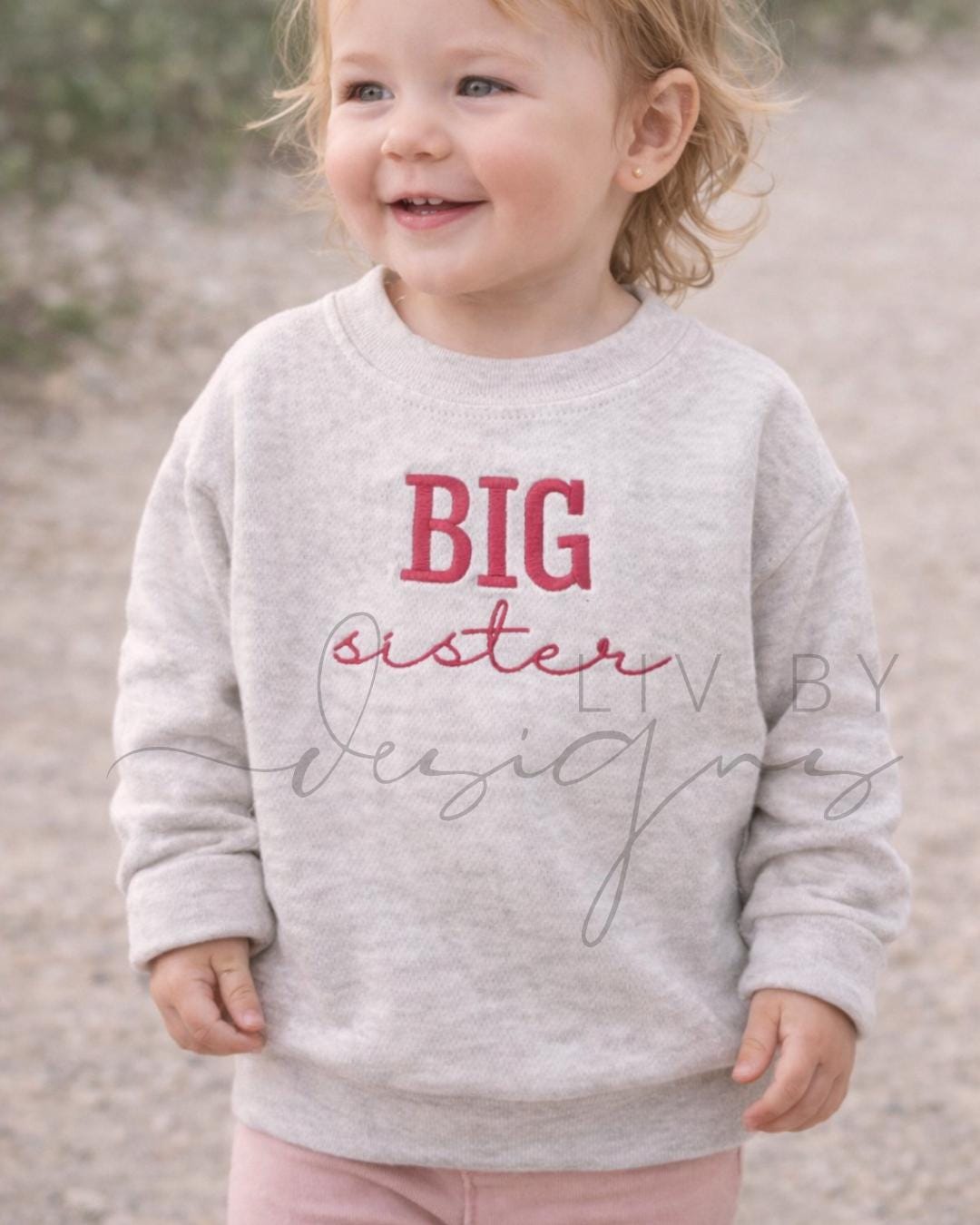 A little girl featured wearing a light gray sweatshirt with the words "BIG sister" embroidered in red. The sweatshirt is customizable and is a highly sought brand, rabbit skins