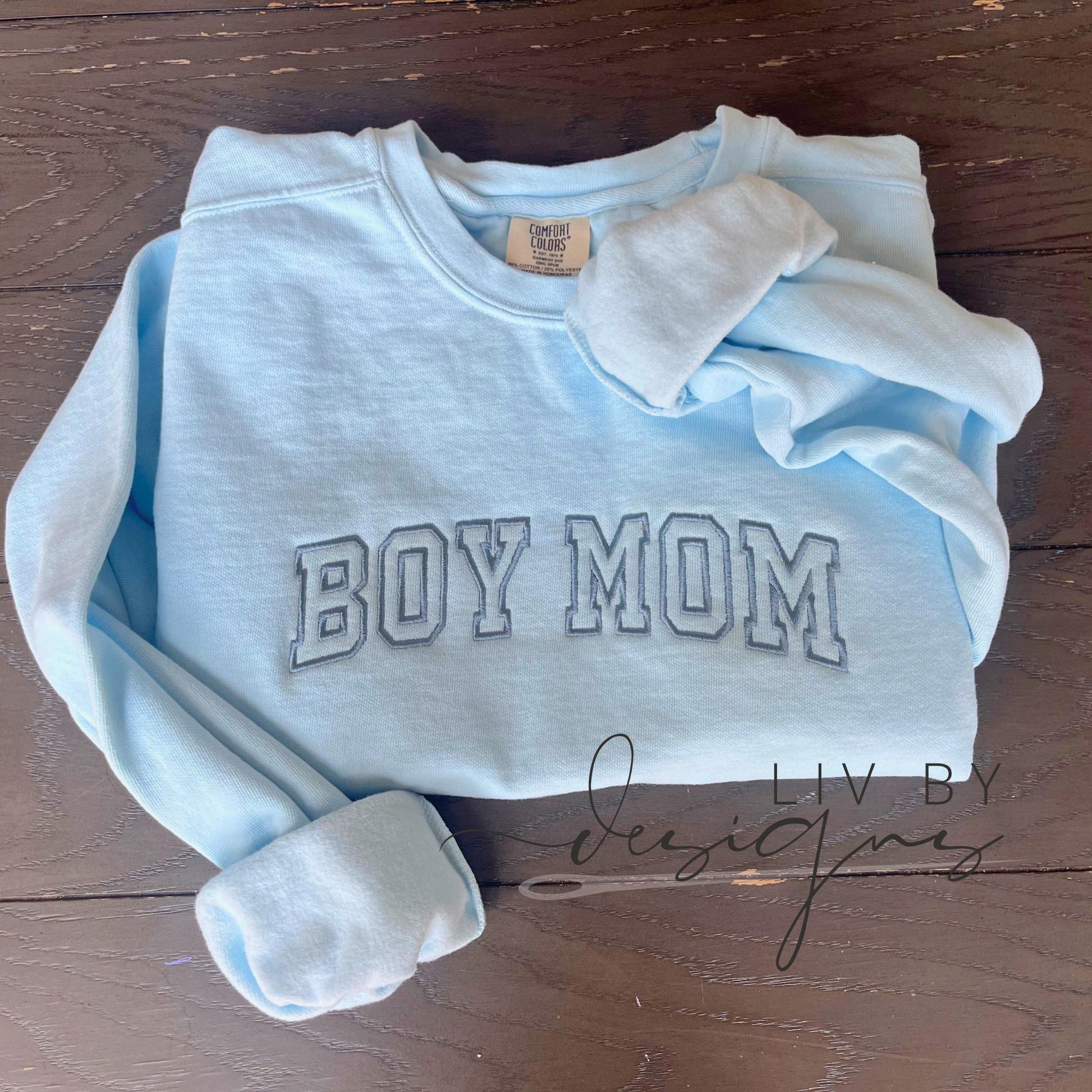 Embroidered Comfort Colors Boy Mom Crewneck Sweatshirt | Custom Name Sleeve Option