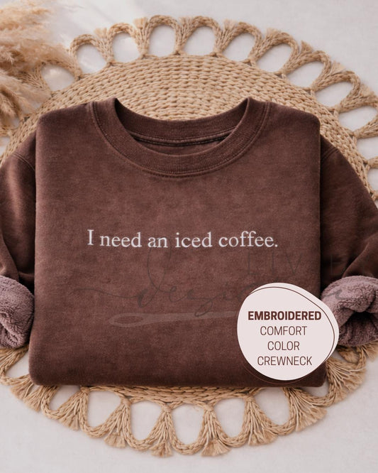 Embroidered Iced Coffee Comfort Colors Sweatshirt, Vintage Style