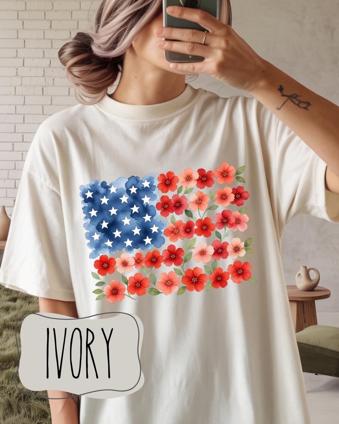 Floral American Flag Shirt | Patriotic USA Graphic Tee | Women's Fourth of July Apparel __etsy:8117313106