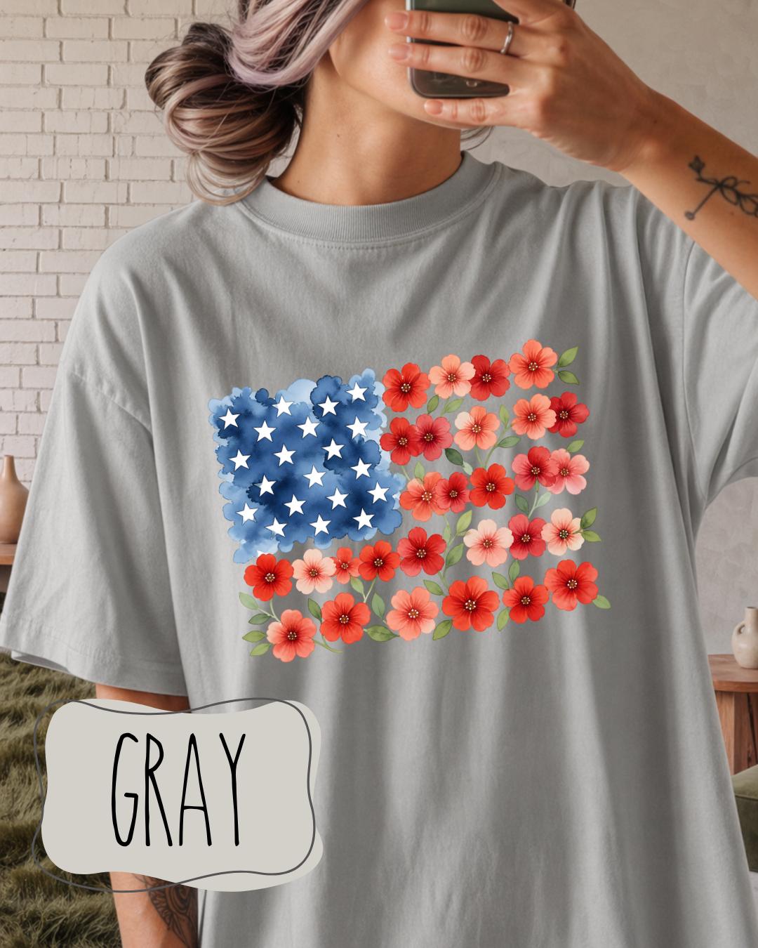 Floral American Flag Shirt | Patriotic USA Graphic Tee | Women's Fourth of July Apparel __etsy:8165221019