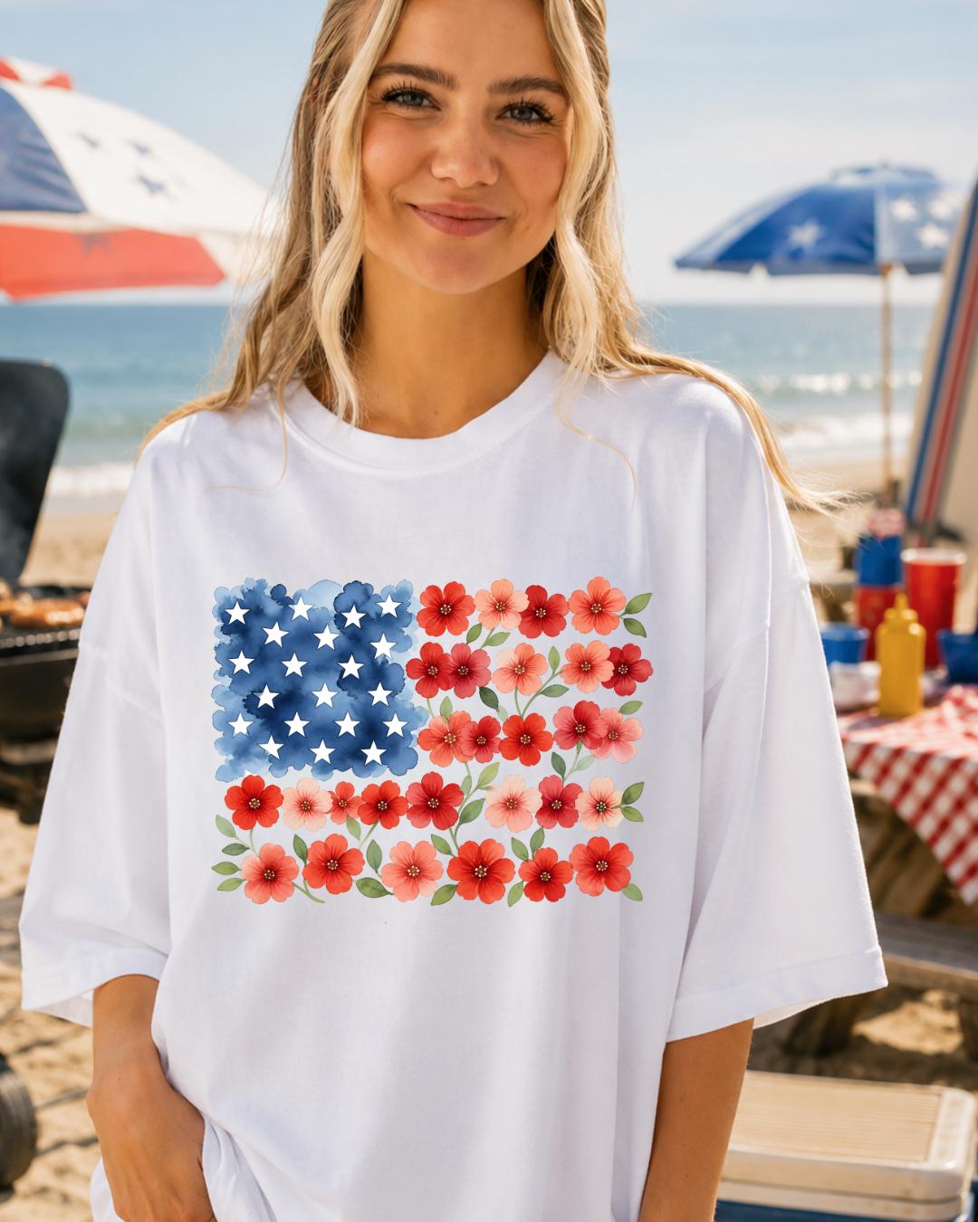 Floral American Flag Shirt | Patriotic USA Graphic Tee | Women's Fourth of July Apparel __etsy:8117313124