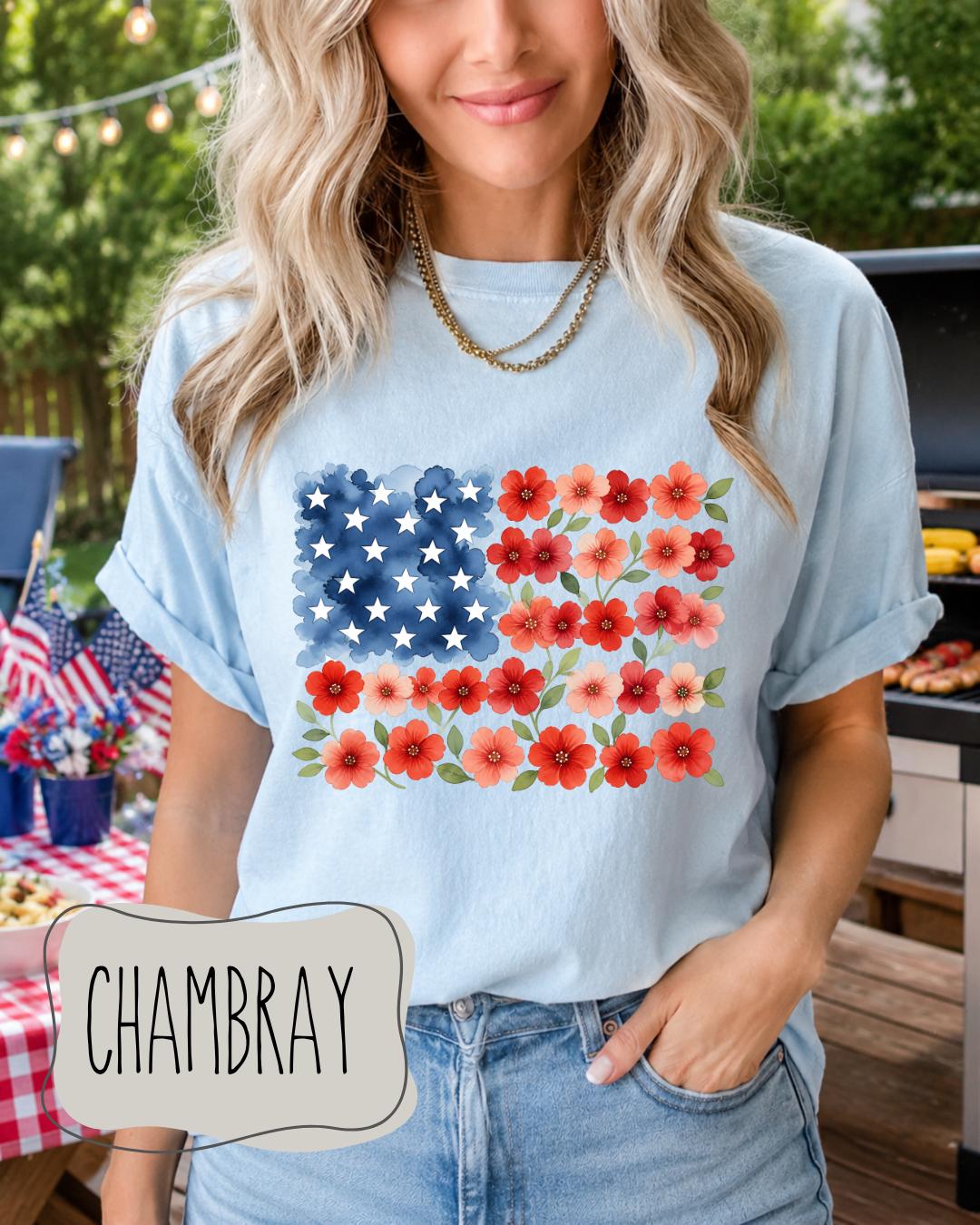 Floral American Flag Shirt | Patriotic USA Graphic Tee | Women's Fourth of July Apparel __etsy:8117313166