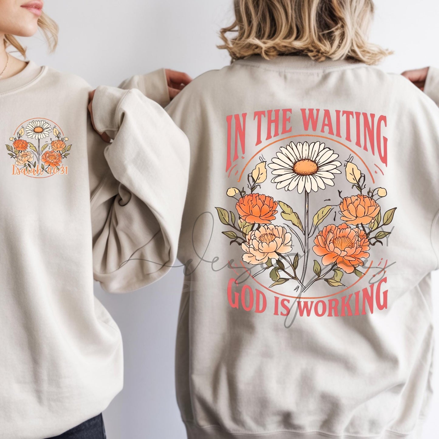 Christian faith-based crewneck sweatshirt featuring floral artwork and the phrase “In the Waiting, God Is Working” inspired by Isaiah 40:31, shown on a neutral Gildan Heavy Blend sweatshirt.