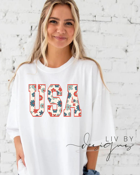 “White Comfort Colors USA shirt with retro floral design – 4th of July outfit”