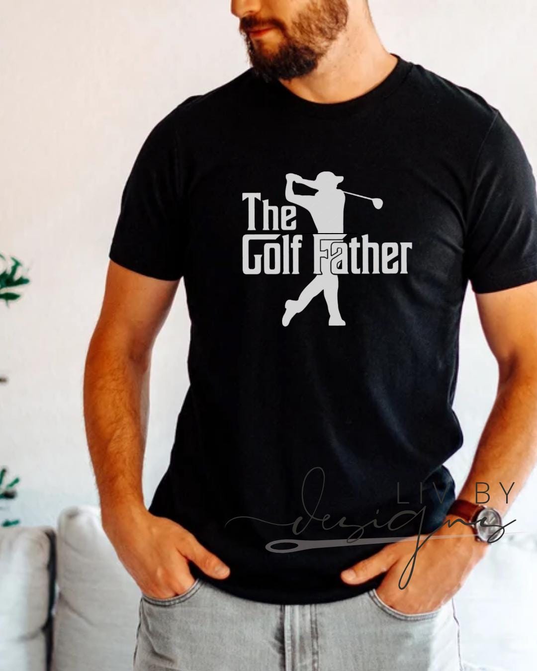 “Close-up of The GolfFather design on black Comfort Colors tee”