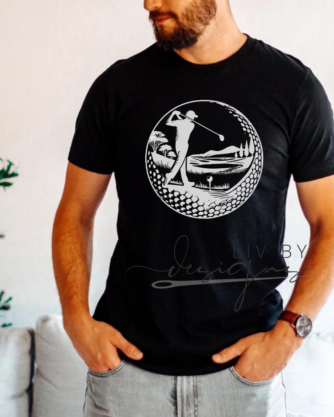 “Man wearing black Comfort Colors t-shirt with circular golf swing silhouette DTF graphic”