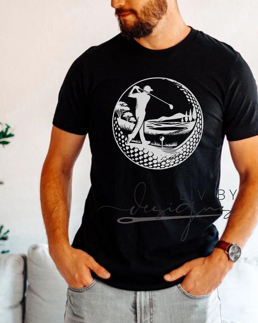 “Man wearing black Comfort Colors t-shirt with circular golf swing silhouette DTF graphic”
