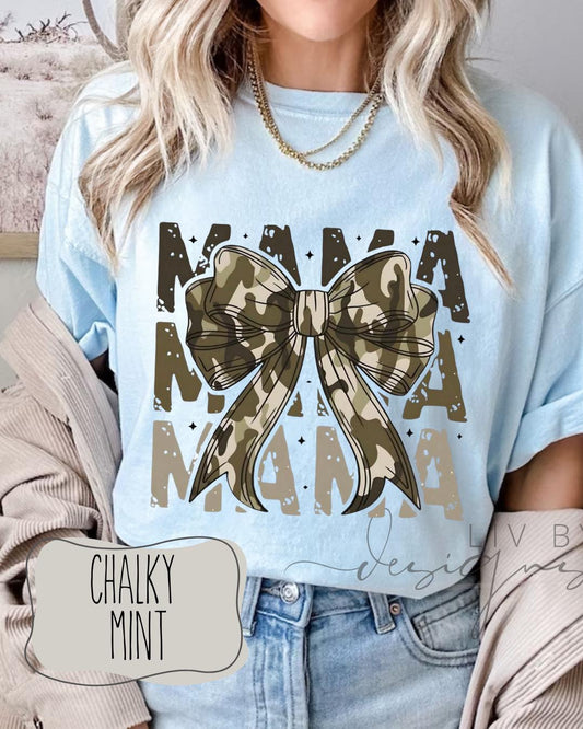 Hunting Camo Mama Comfort Colors Tee | Mother’s Day Gift | Camo and Bows Mama Shirt | Cute Mom Outfit